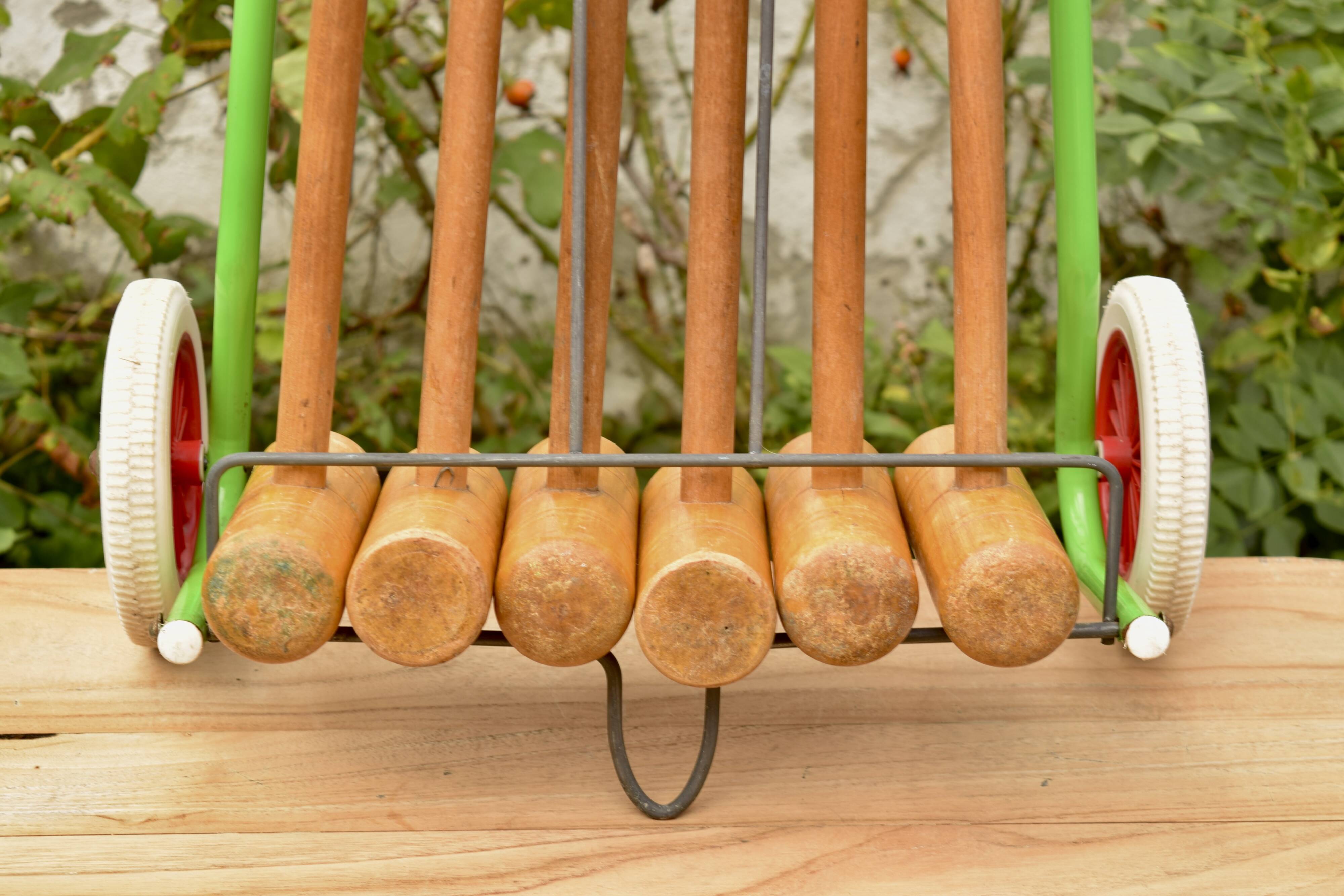 Old large wooden croquet game - metal cart - 1970