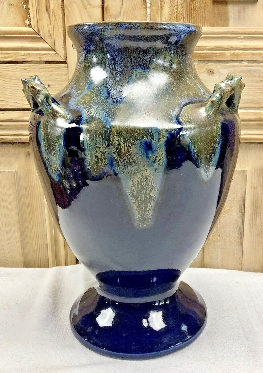 Old large sandstone vase signed Maure Lebret de Ligers Puisaye triple handles