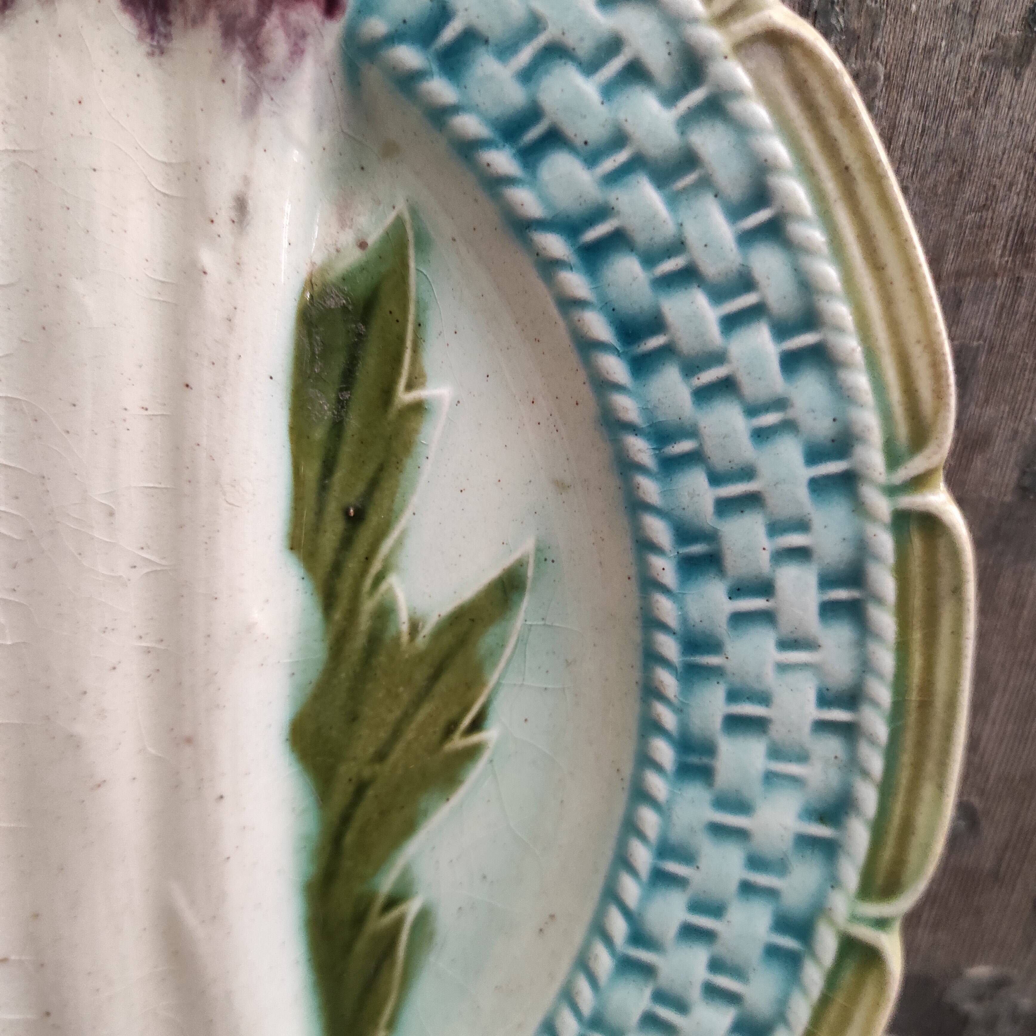 French antique asparagus dish, majolica, barbotine