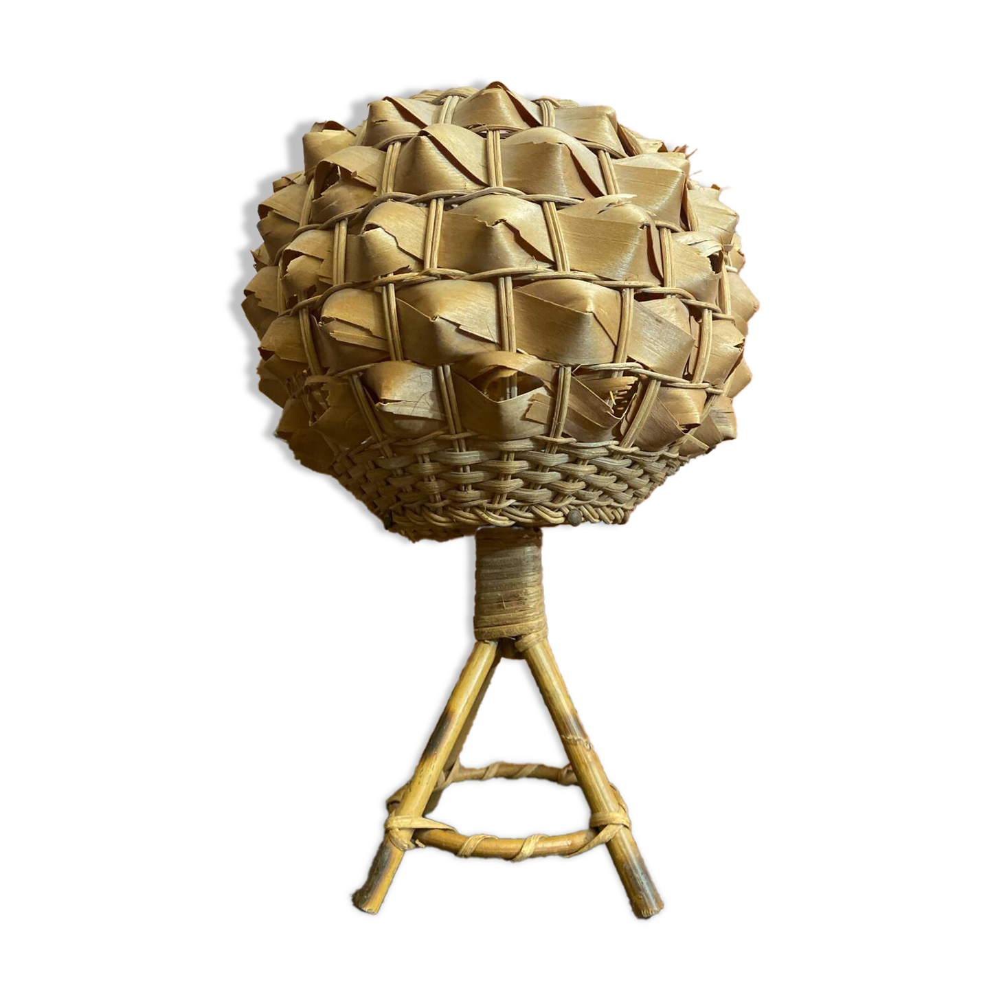 Vintage 50s Tiki Rattan Lamp + Woven Natural Fibre Ball