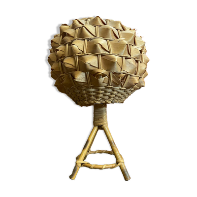 Lampe boule Tiki en rotin et fibre naturelle tressée, années 1950