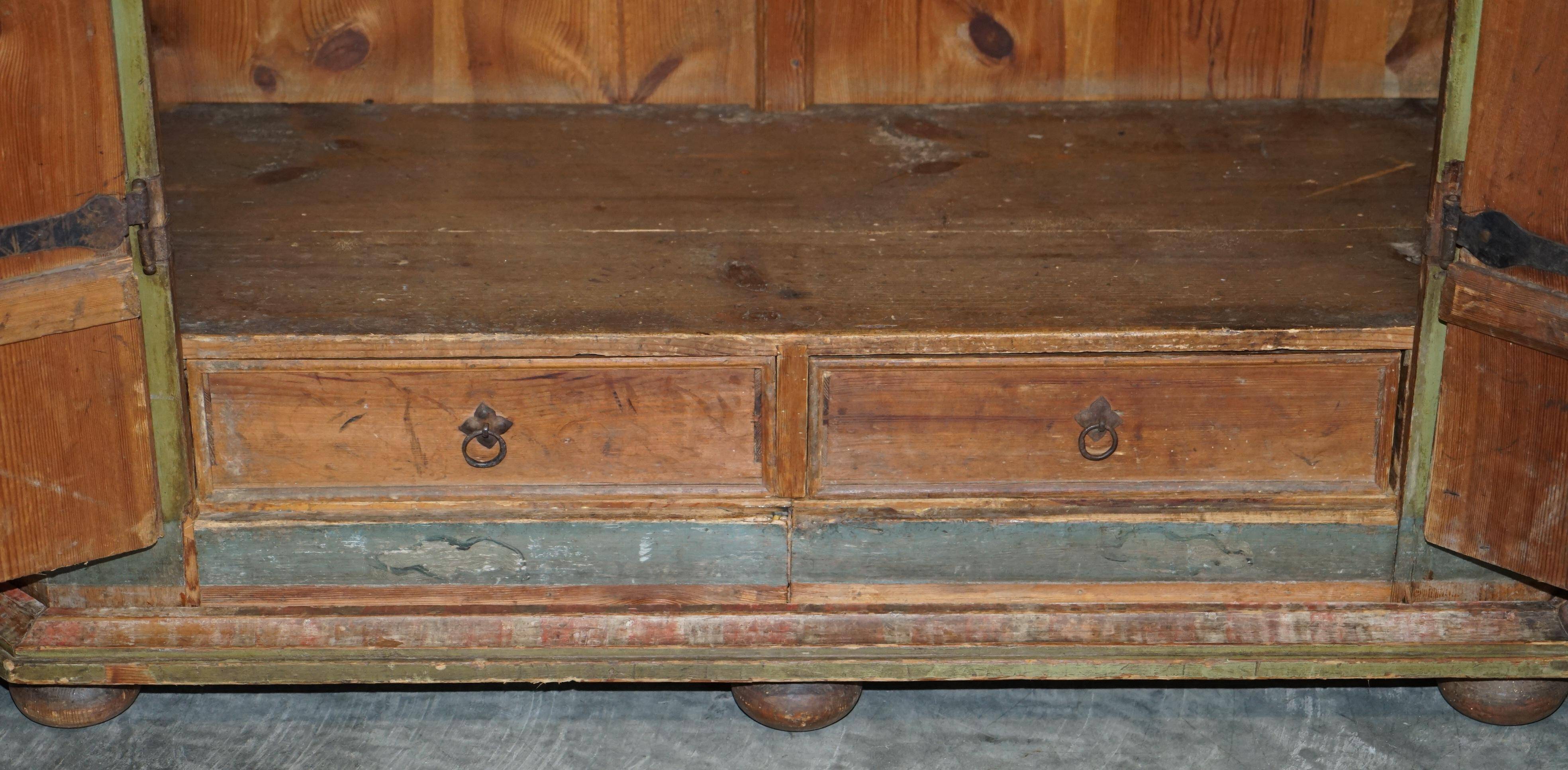 European Hand-Painted Wardrobe in Solid Oak circa 1800