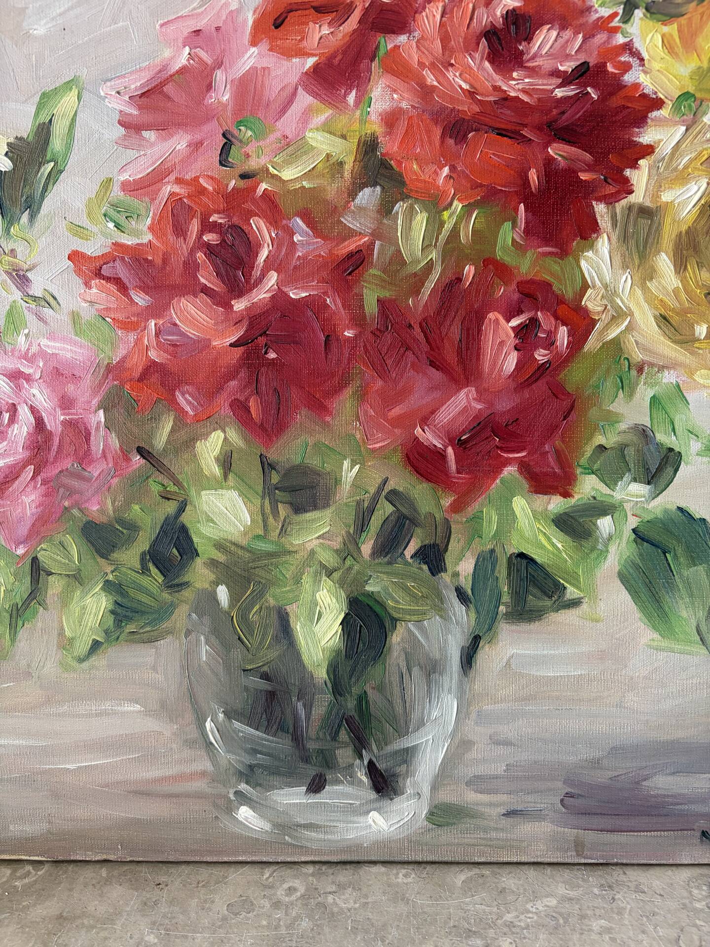 Bouquet of roses in a glass vase, oil on canvas signed