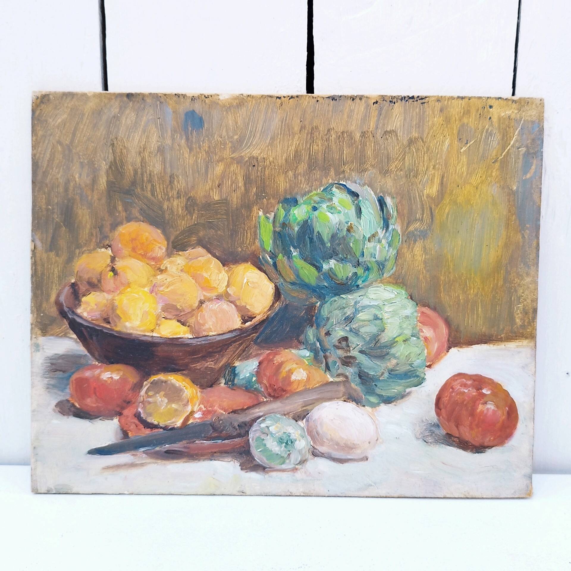 Tableau à la gouache nature morte aux artichauts