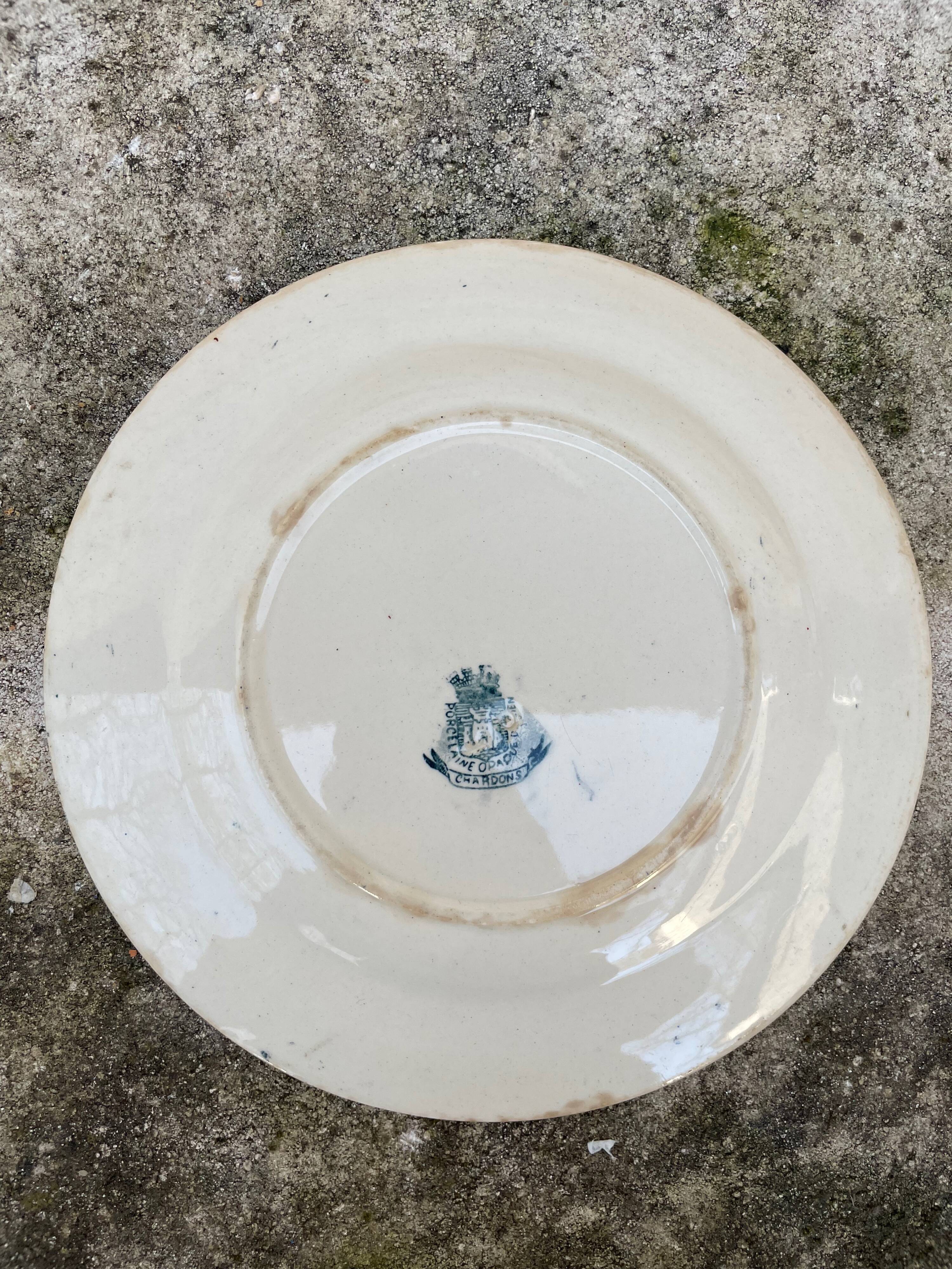 Set of 2 plates white blue with thistle pattern porcelain opaque thistles Gien