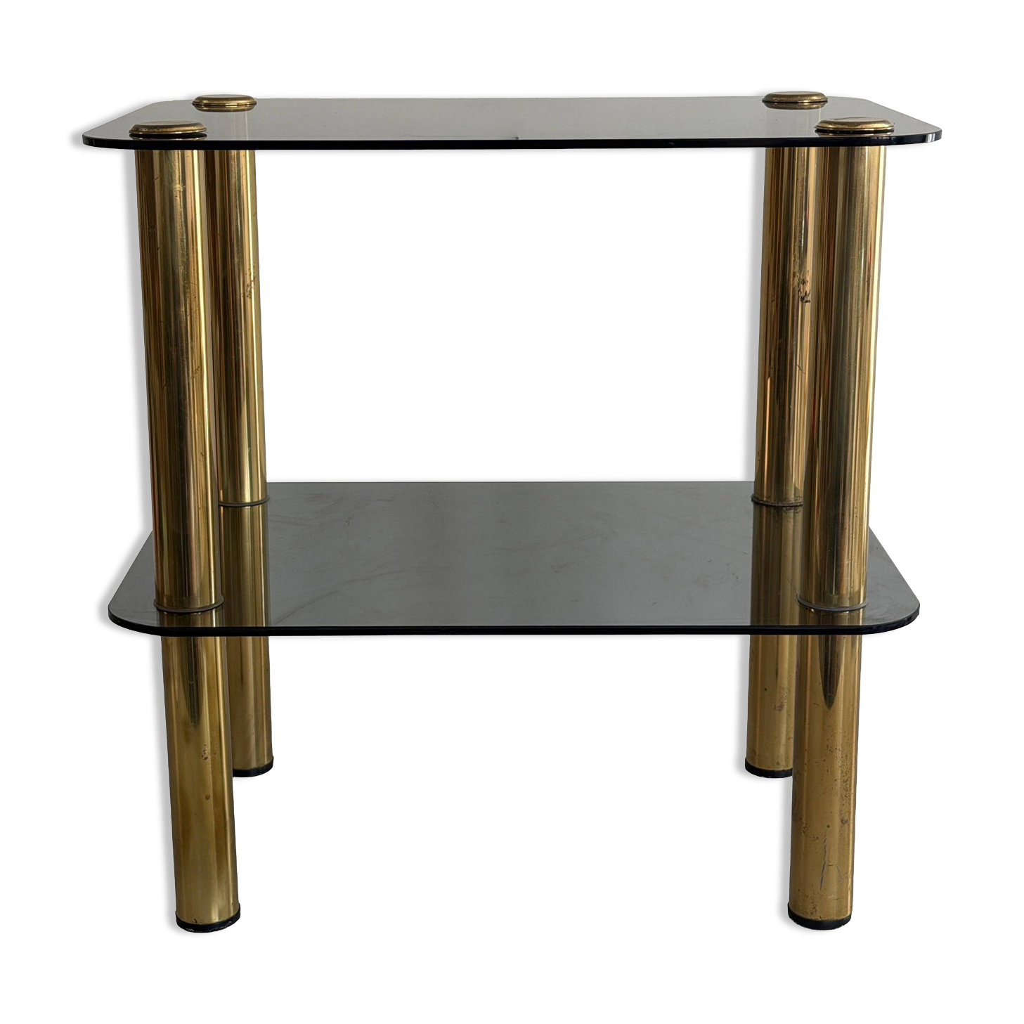 Side table in thick greenish glass with brass legs, Italy, 1960s.