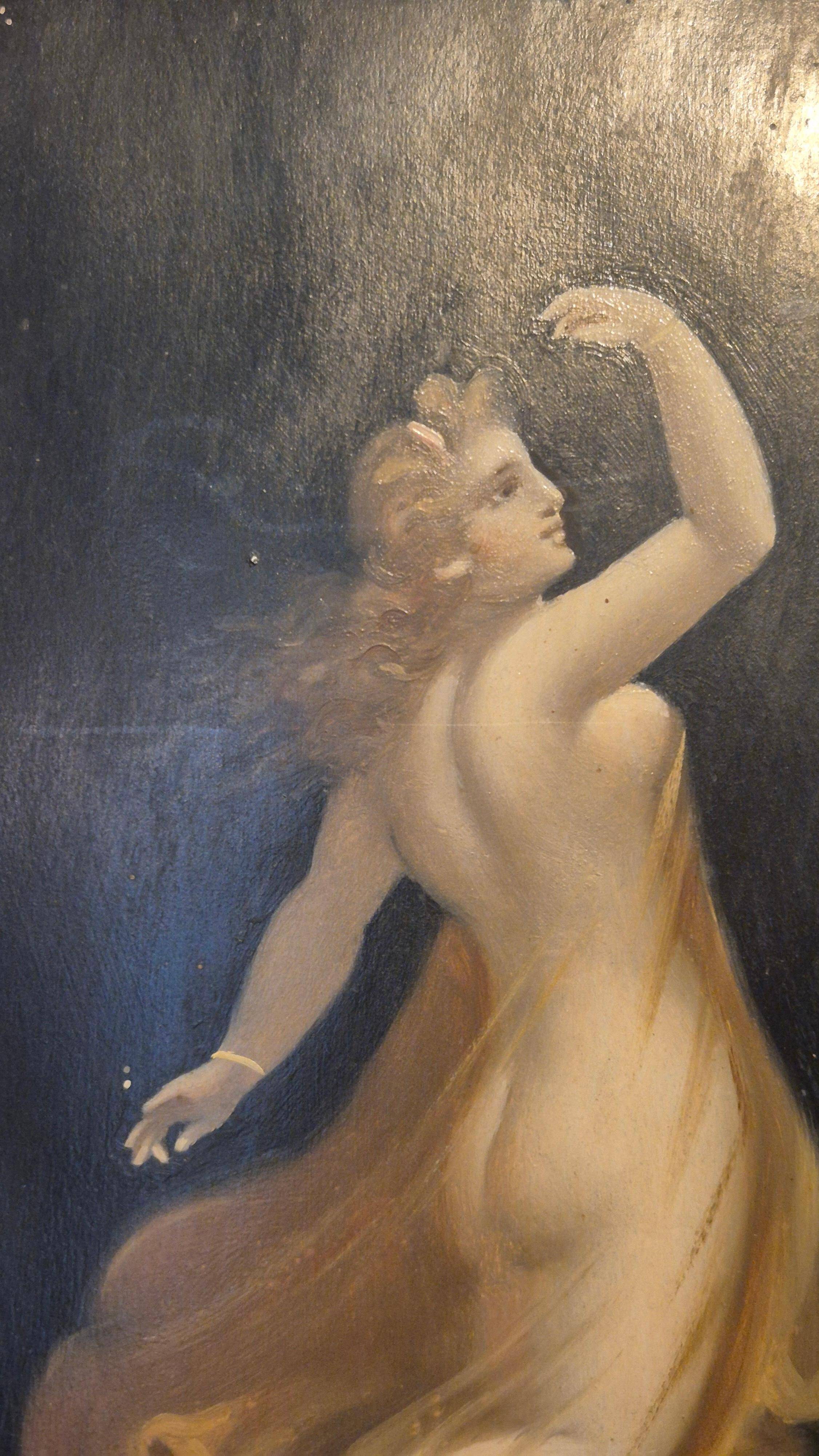 Pair of oil paintings in the neoclassical style depicting dancing nymphs dressed in transparent gowns, dating from the mid-19th century.