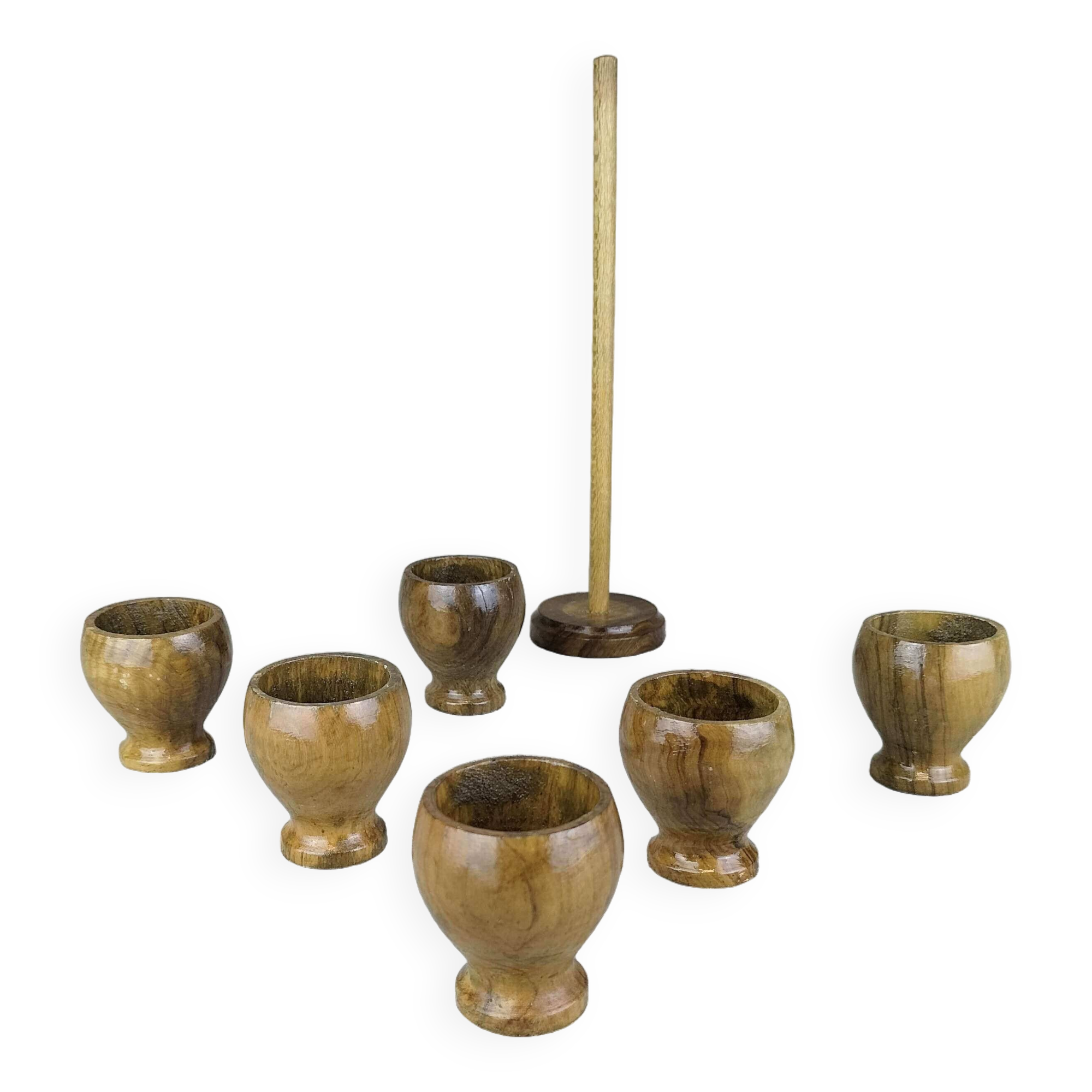 Set of six olive wood egg cups