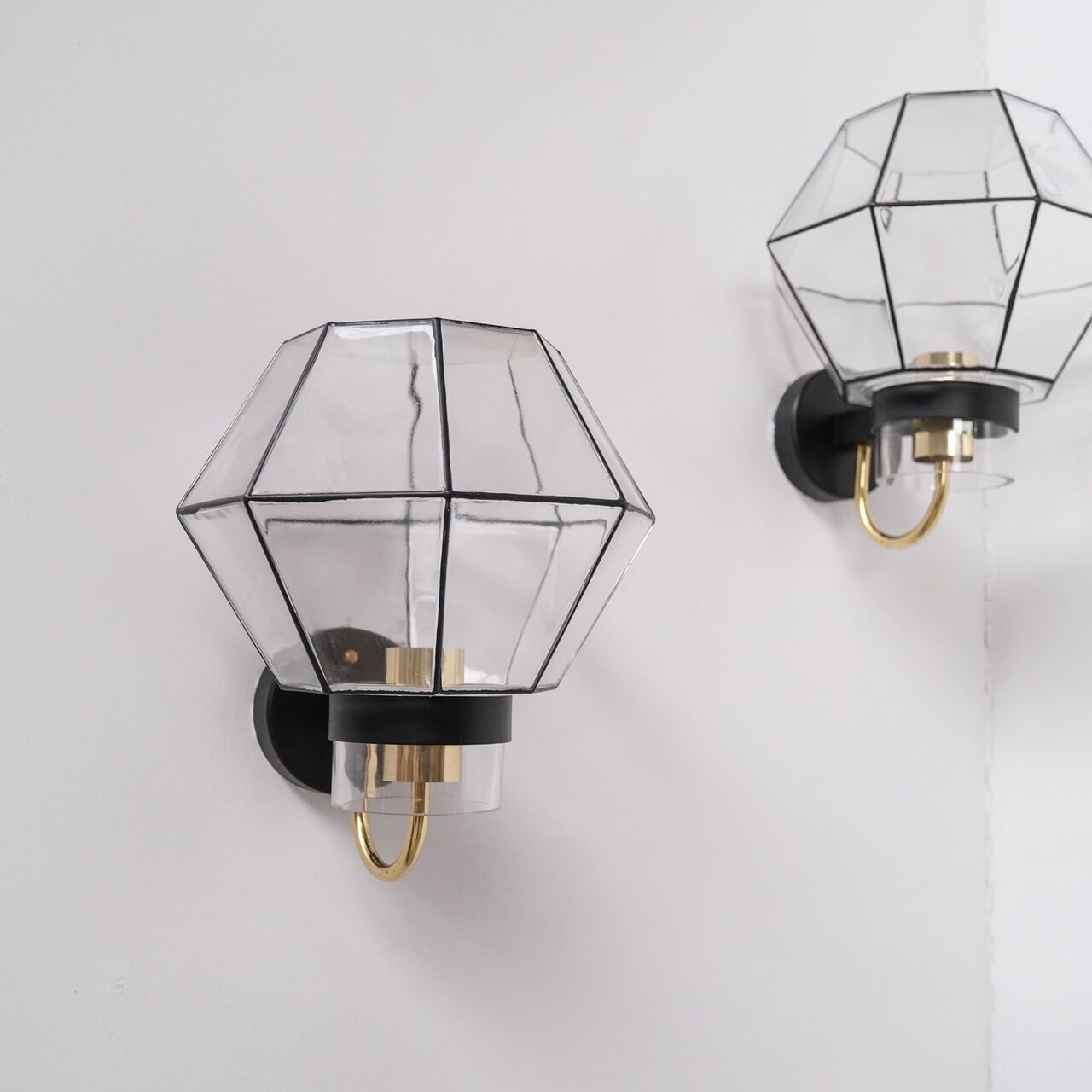 Pair of Mid-Century Glass and Brass Wall Lights