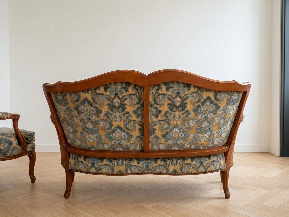 Louis XV style living room set with a sofa and 2 armchairs in cherry wood and fabric.