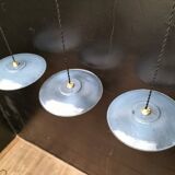3 blue enameled sheet metal pendant lights