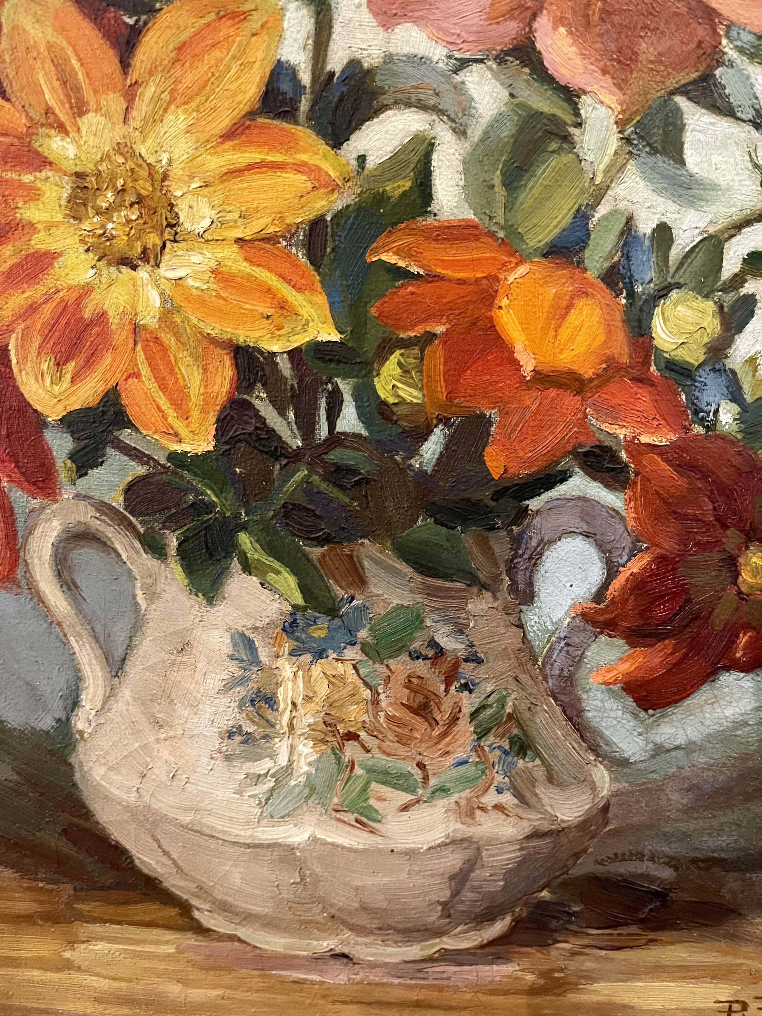 Oil painting on canvas signed Raymond PERISSE - Bouquet of Dahlias - Lorraine painter