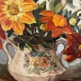 Oil painting on canvas signed Raymond PERISSE - Bouquet of Dahlias - Lorraine painter