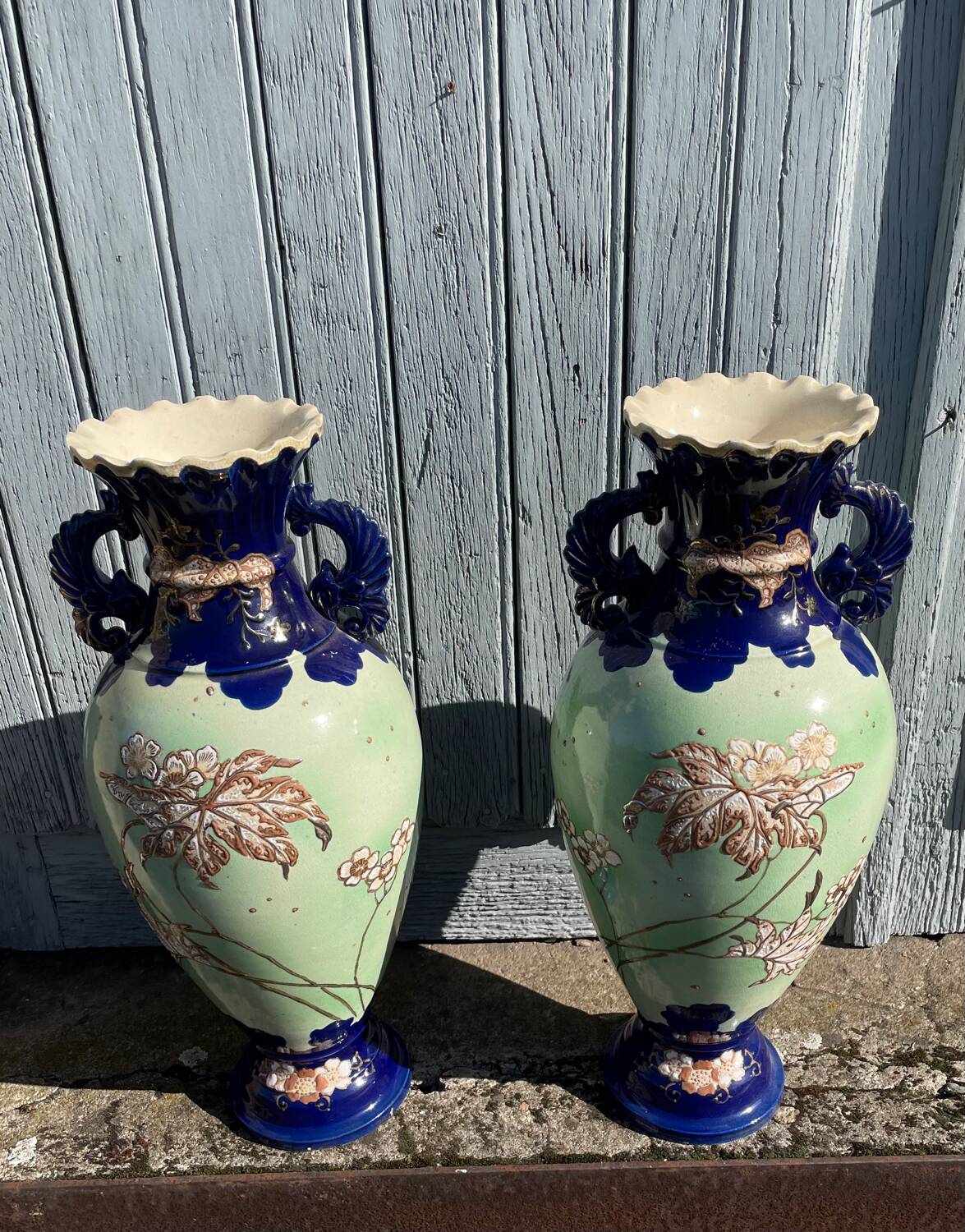 Pair of vintage 20th century Japanese Satsuma vases in decorated ceramic