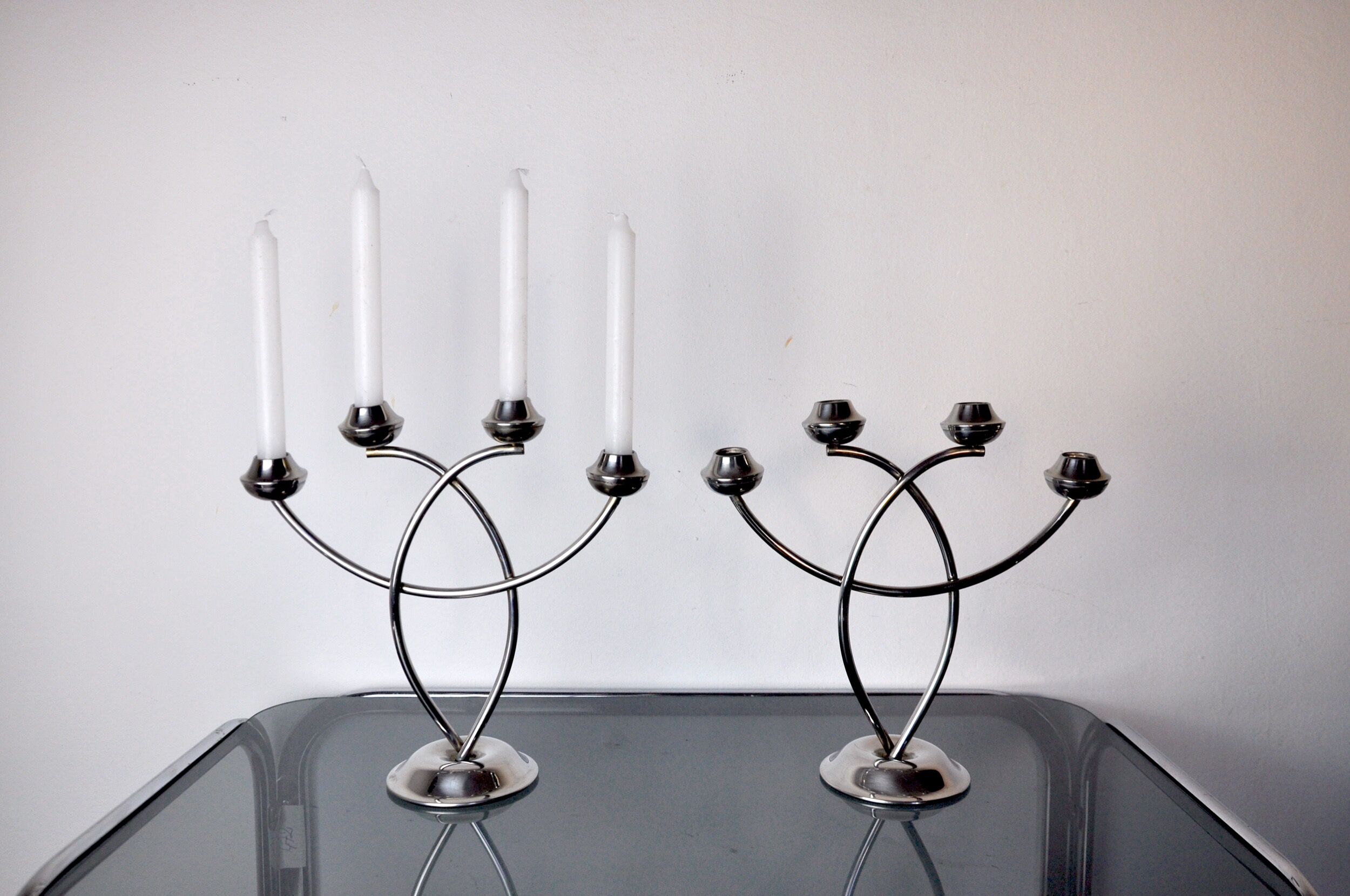 Pair of art deco candle holder in stainless steel 4 flammes, spain, 1970