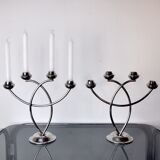 Pair of art deco candle holder in stainless steel 4 flammes, spain, 1970