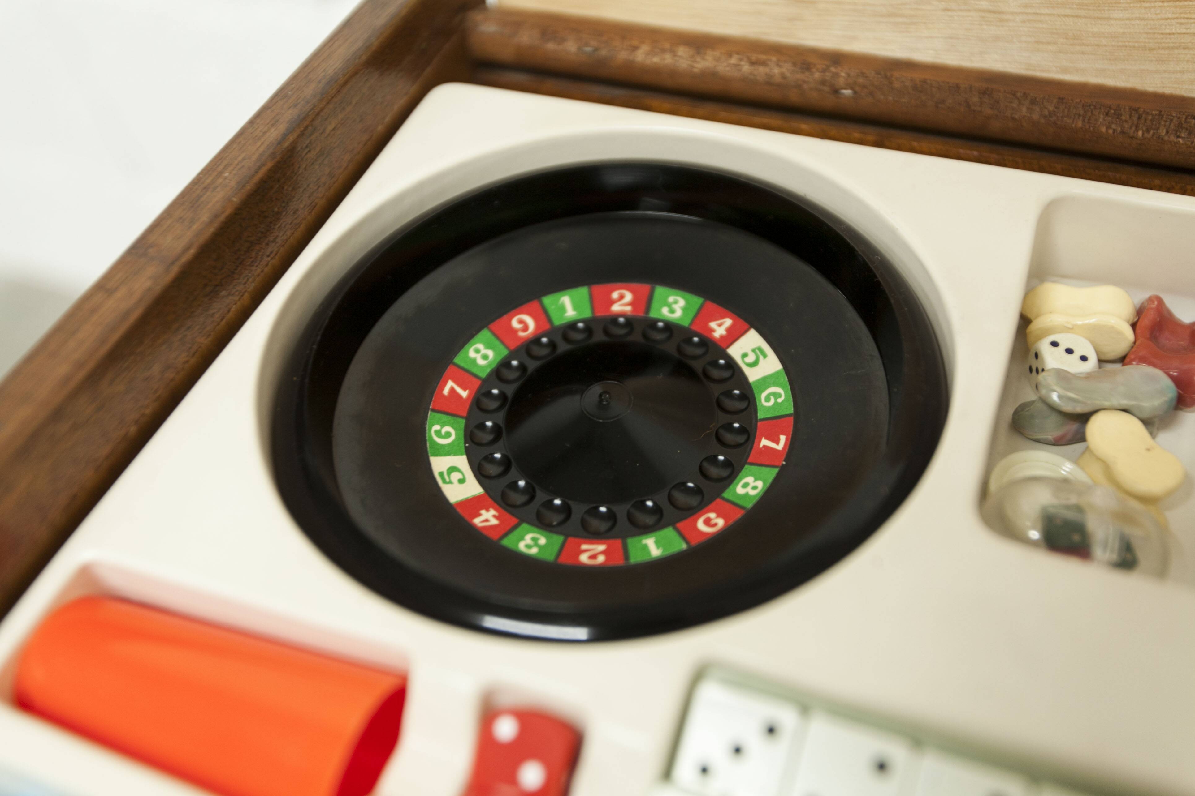 Unique 1960s bedside table with 15 complete games, compass legs, 1960s