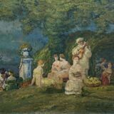 Claudius denis (1878-1947): large oil painting on canvas depicting a lively gallant scene