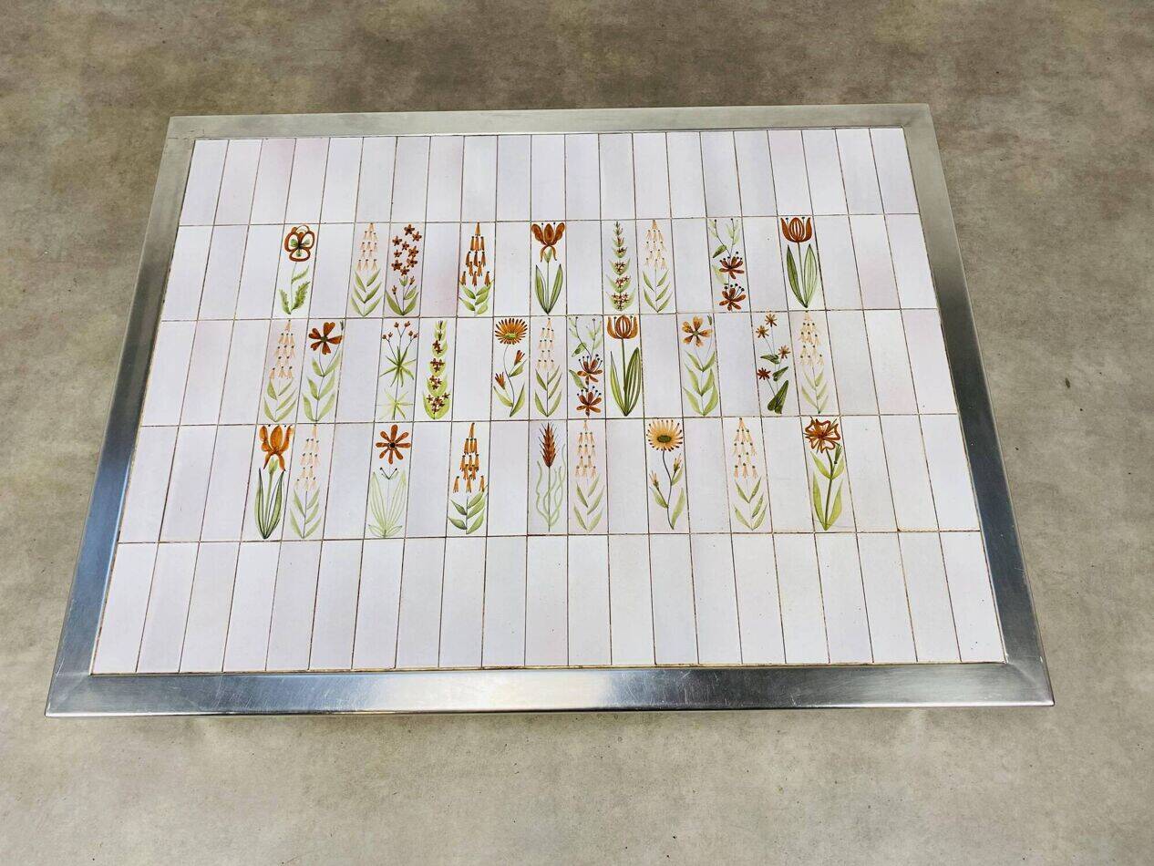Square ceramic tile coffee table by Roger Capron, flowers, 1950s.