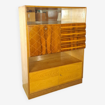 Veneer bar cabinet with round shapes and mirrored wall, display cabinet