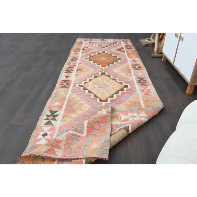 1970s Turkish Oushak Handmade Wool Cotton Pink Runner Rug 98x327