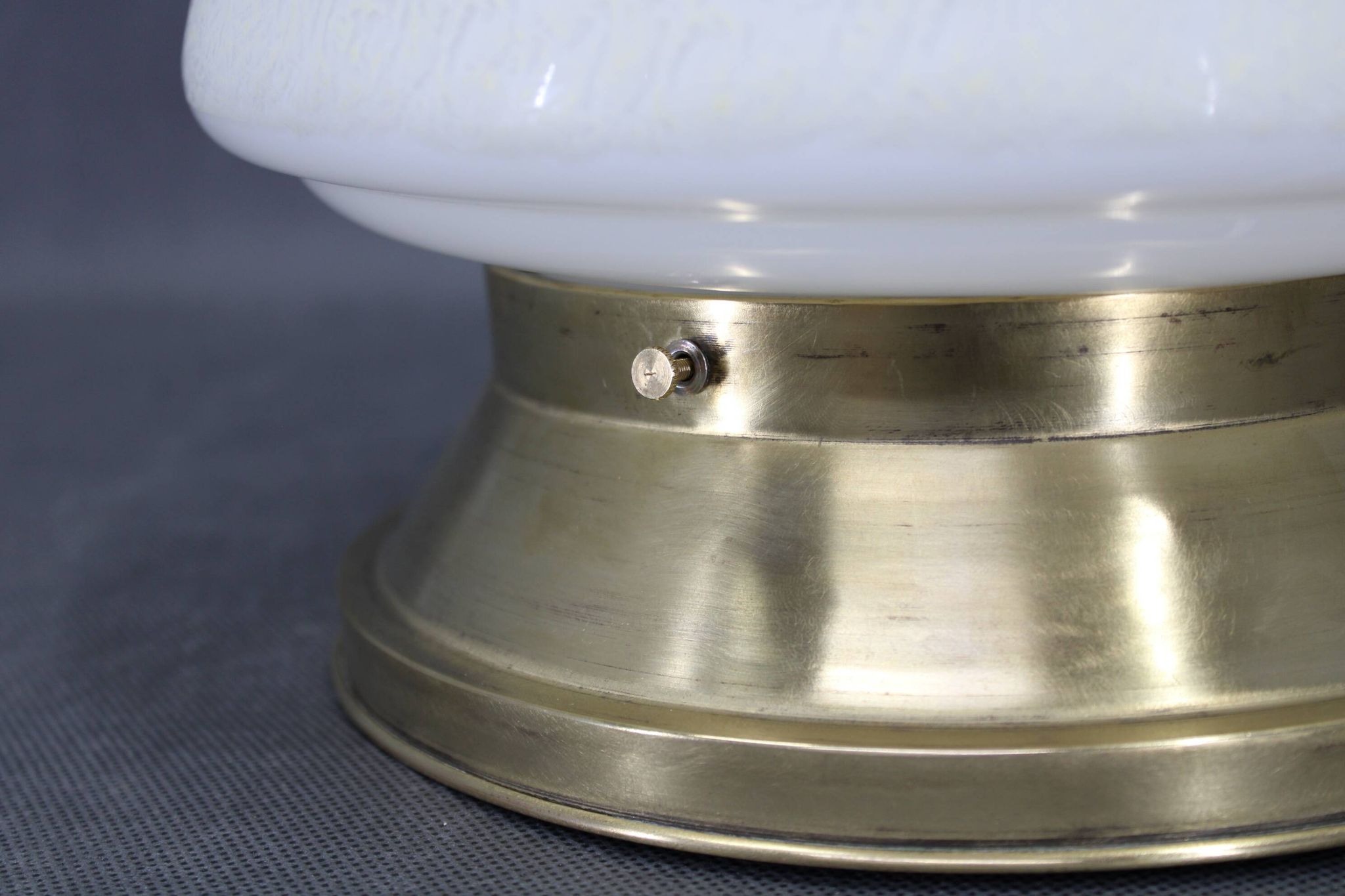 1930s Art Deco brass ceiling light with opaline glass shade, Czechoslovakia, Res