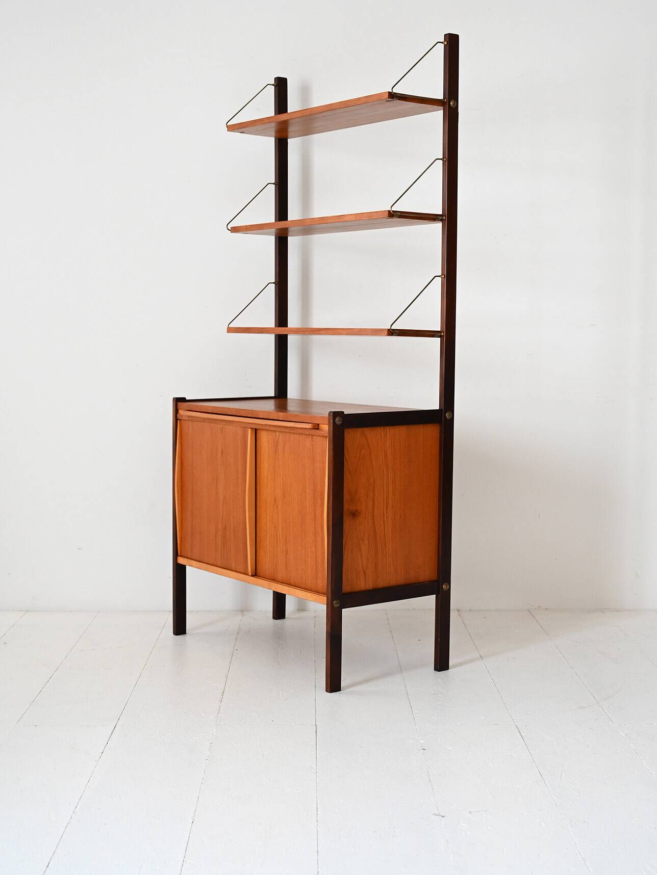 Vintage Scandinavian bookcase with pull-out desk and brass supports