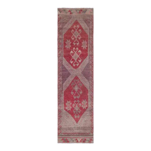 1970s Turkish Oushak Handmade Wool Cotton Red Runner Rug 81x275