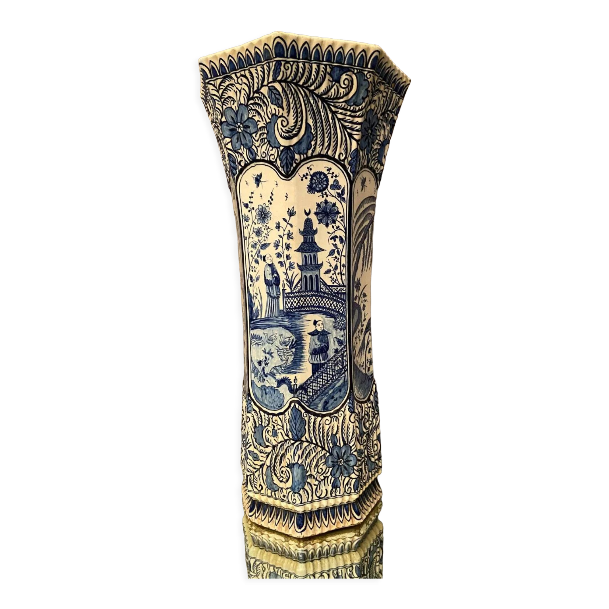Umbrella holder vase earthenware Desvres nineteenth decoration Far East Pagoda 62.5 cm