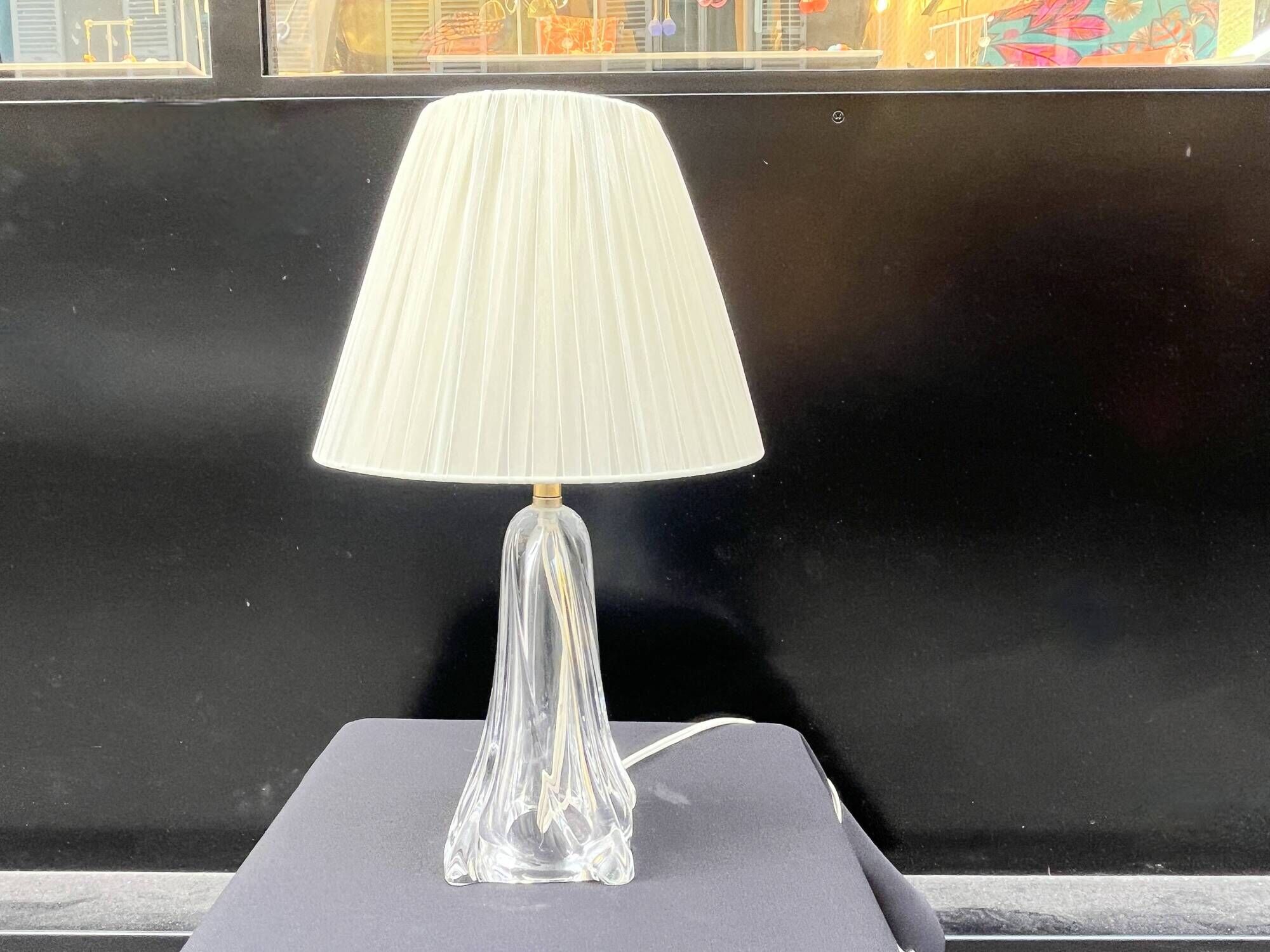 Vintage daum france 1960 crystal lamp base with pleated shade
