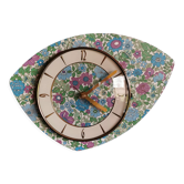 Horloge formica vintage pendule murale silencieuse asymétrique "Fleurie bleu violet"
