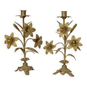 Pair of church candlesticks in bronze with floral decorations.