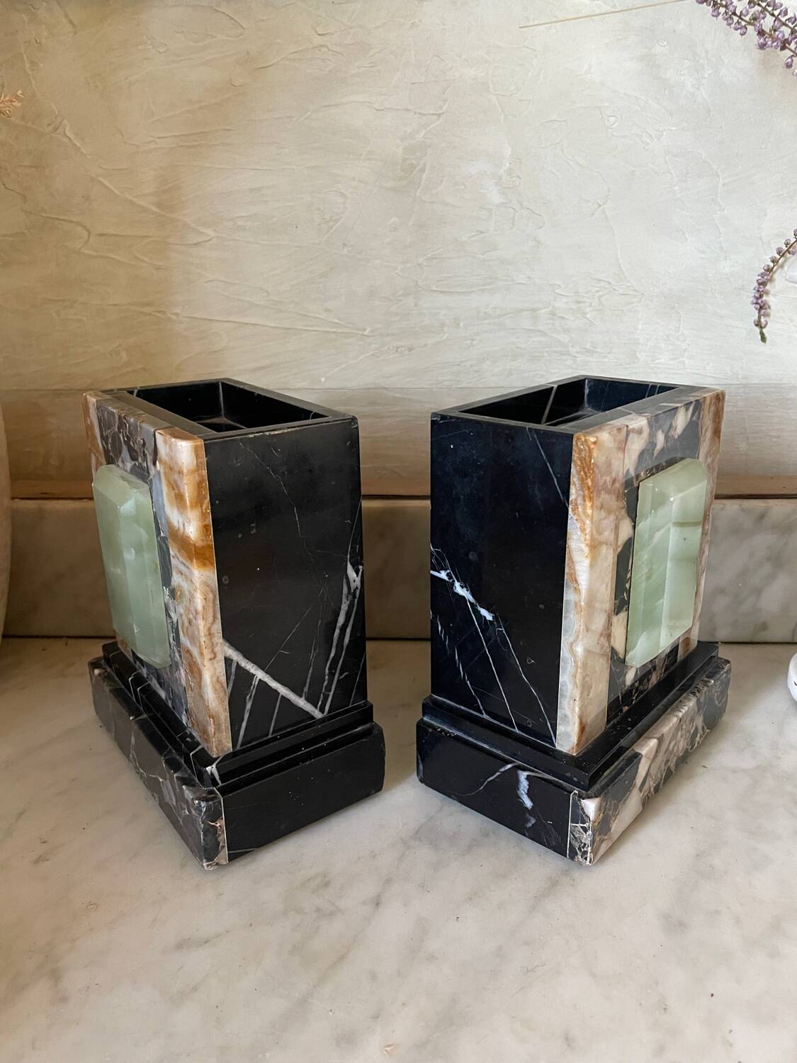 Pair of Art Deco marble and onyx bookends