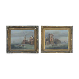 Pair of oils on canvas representing port scenes
