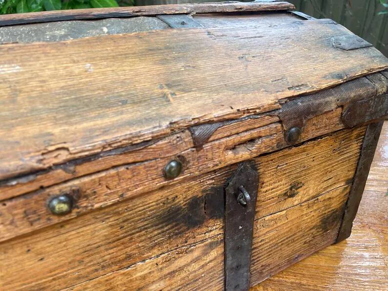 Antique French Wood Iron and Hide Handmade Wood Chest or Trunk
