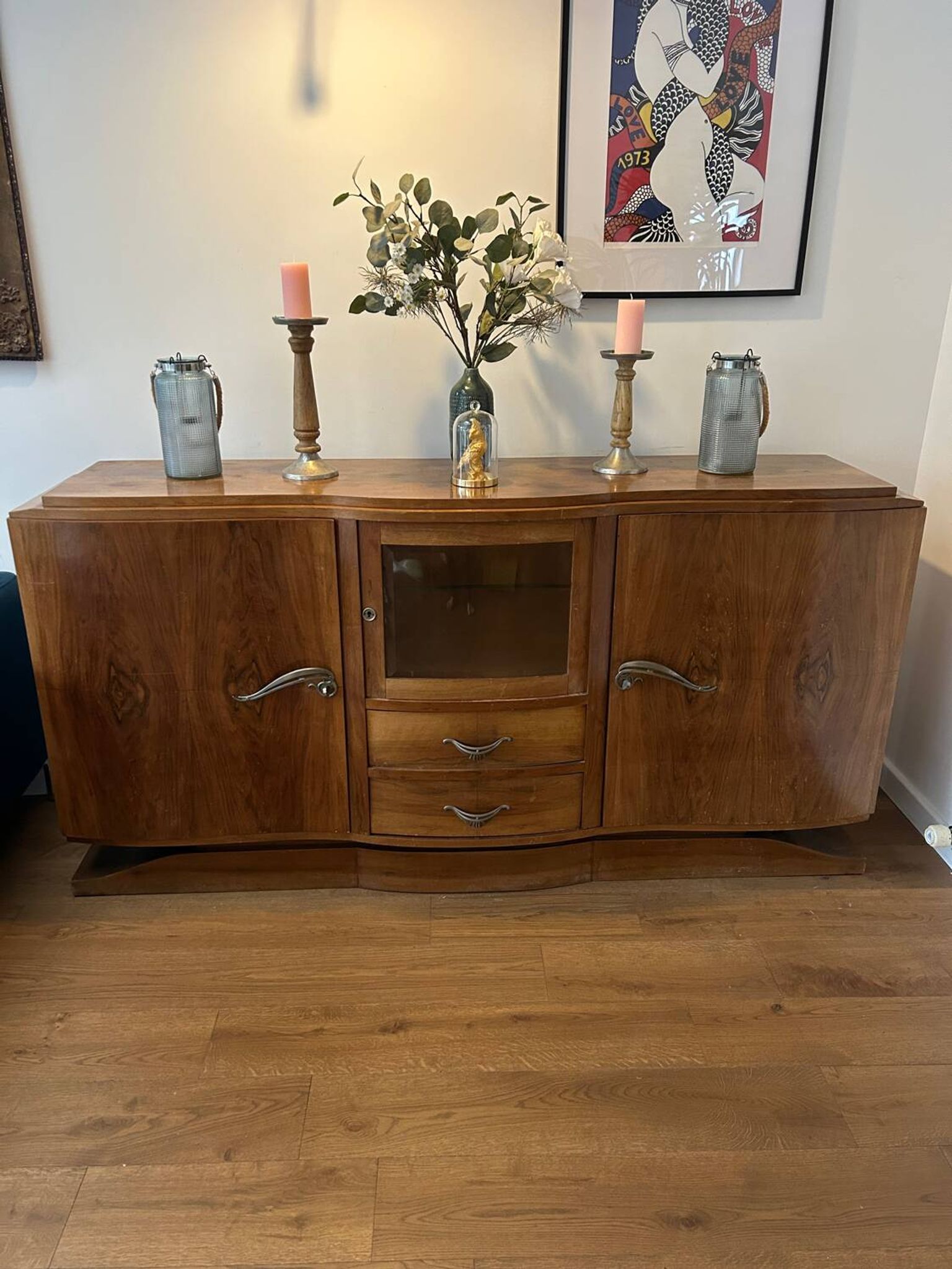 Art deco walnut grand buffet with display cabinet.