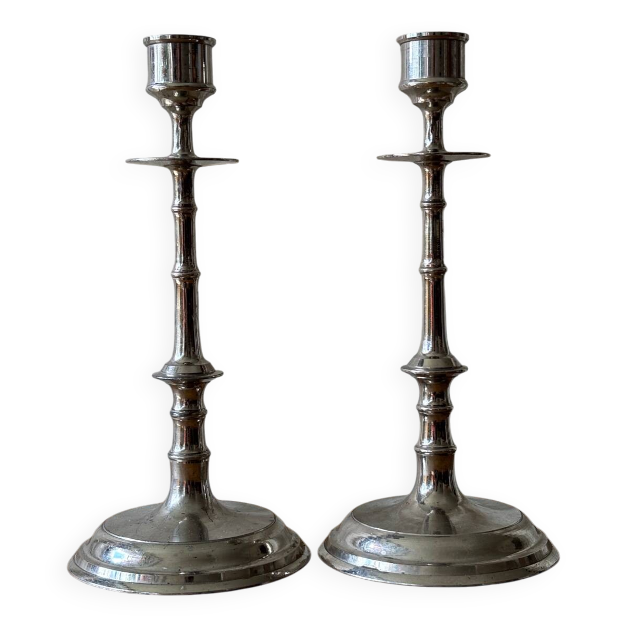 Silver-plated metal candlesticks imitating bamboo, 1960