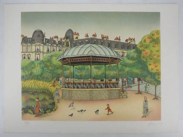 Bernard Vercruyce : Le kiosque du parc, lithographie originale signée
