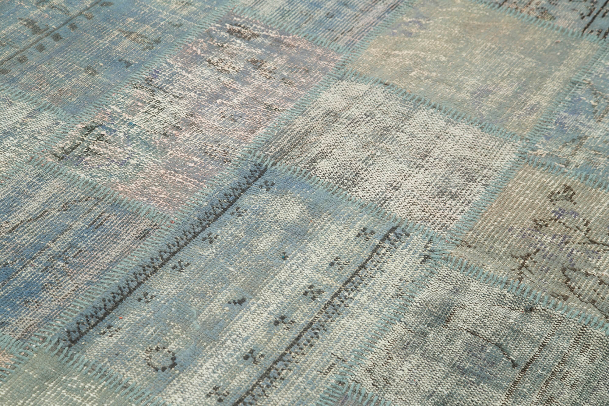 Hand-knotted turkish vintage 175 cm x 244 cm blue patchwork carpet