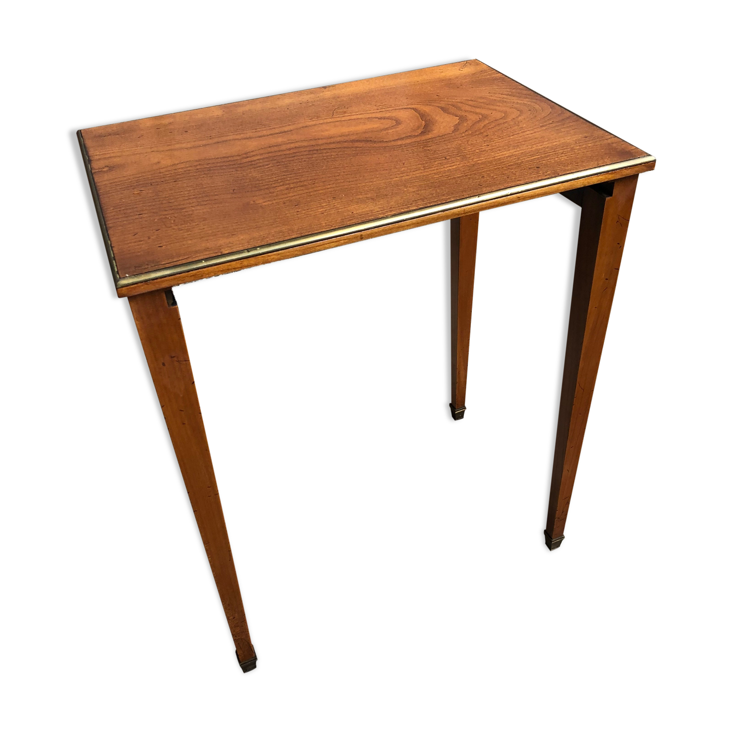 Table basse appoint bois pieds compas avec contour & sabots laiton vintage