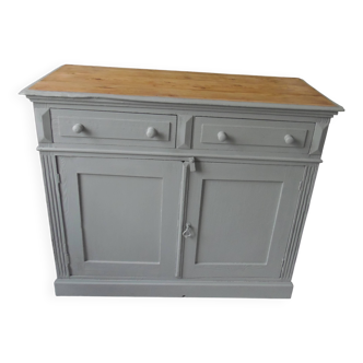Buffet ancien sublimé en vert de gris, plateau bois .