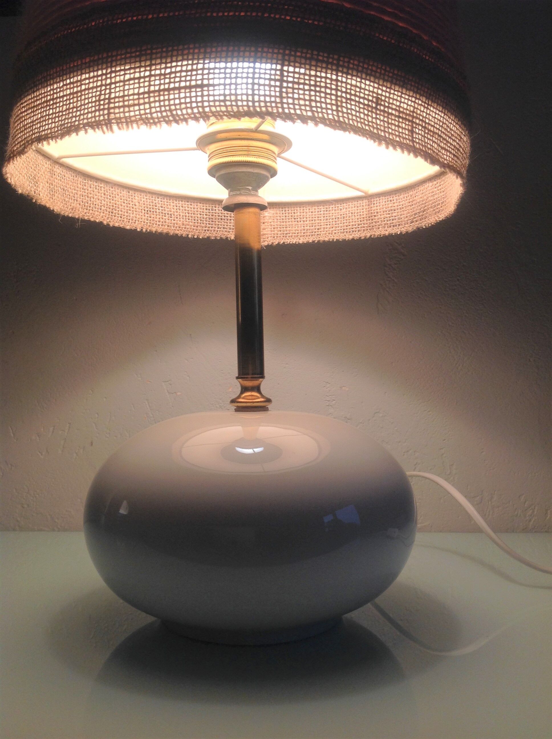 White ceramic ball lamp and beige wool lampshade / 70s