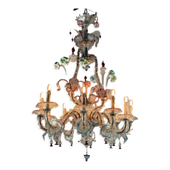 Venetian chandelier rezzonico in multicolored murano glass, 10 arms of light