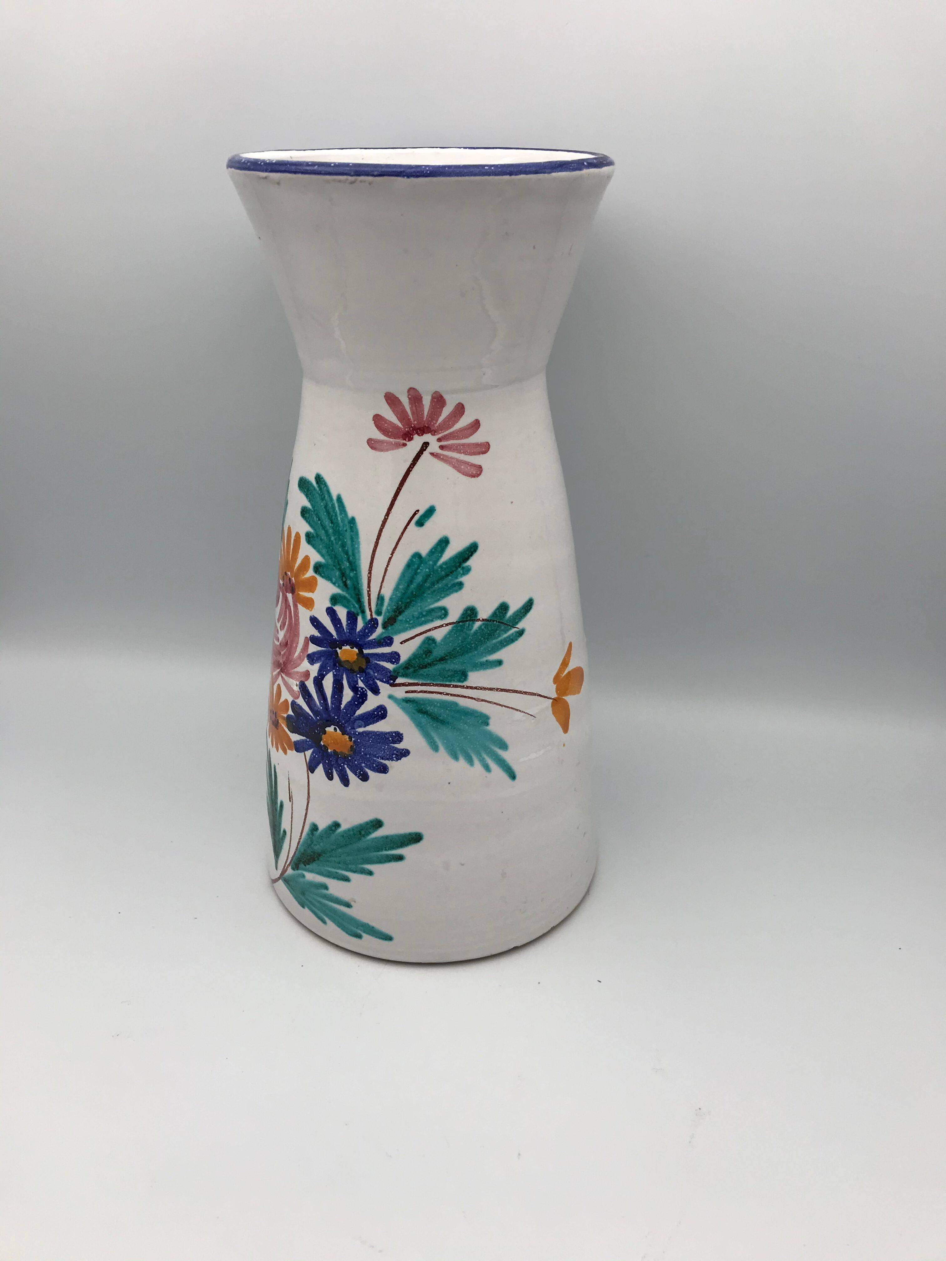 Vintage ceramic vase signed with polychrome flower decoration 25 cm
