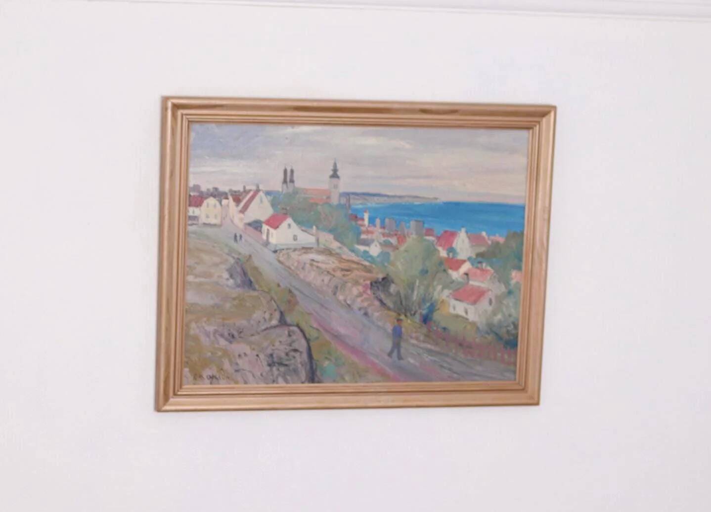Original Swedish Oil on Panel – “Village Scene II” by E. R. Olsson – Signed