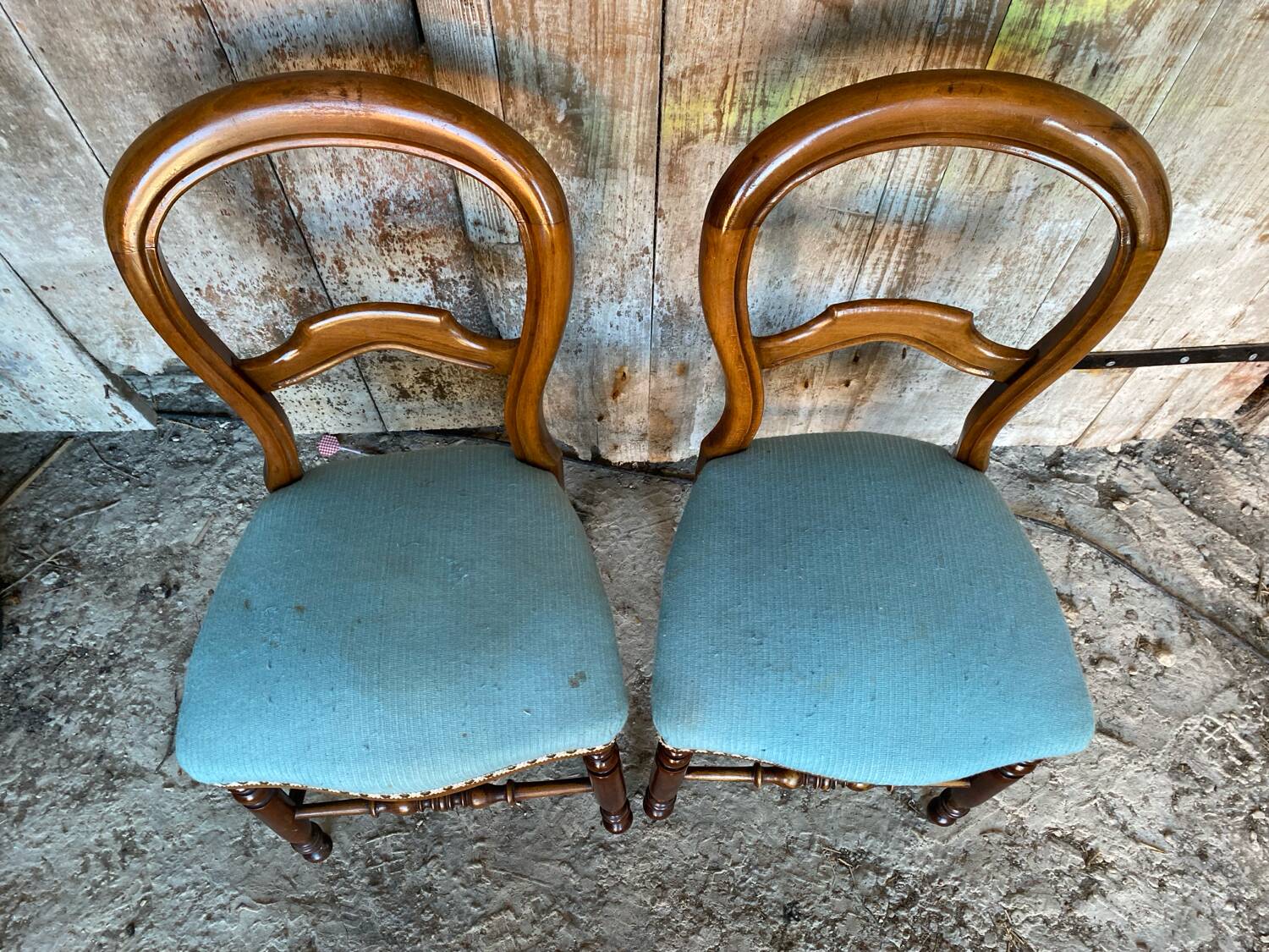 Pair of antique louis philippe chairs wood + blue vintage fabric seat