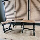 Nest tables in wood and black.