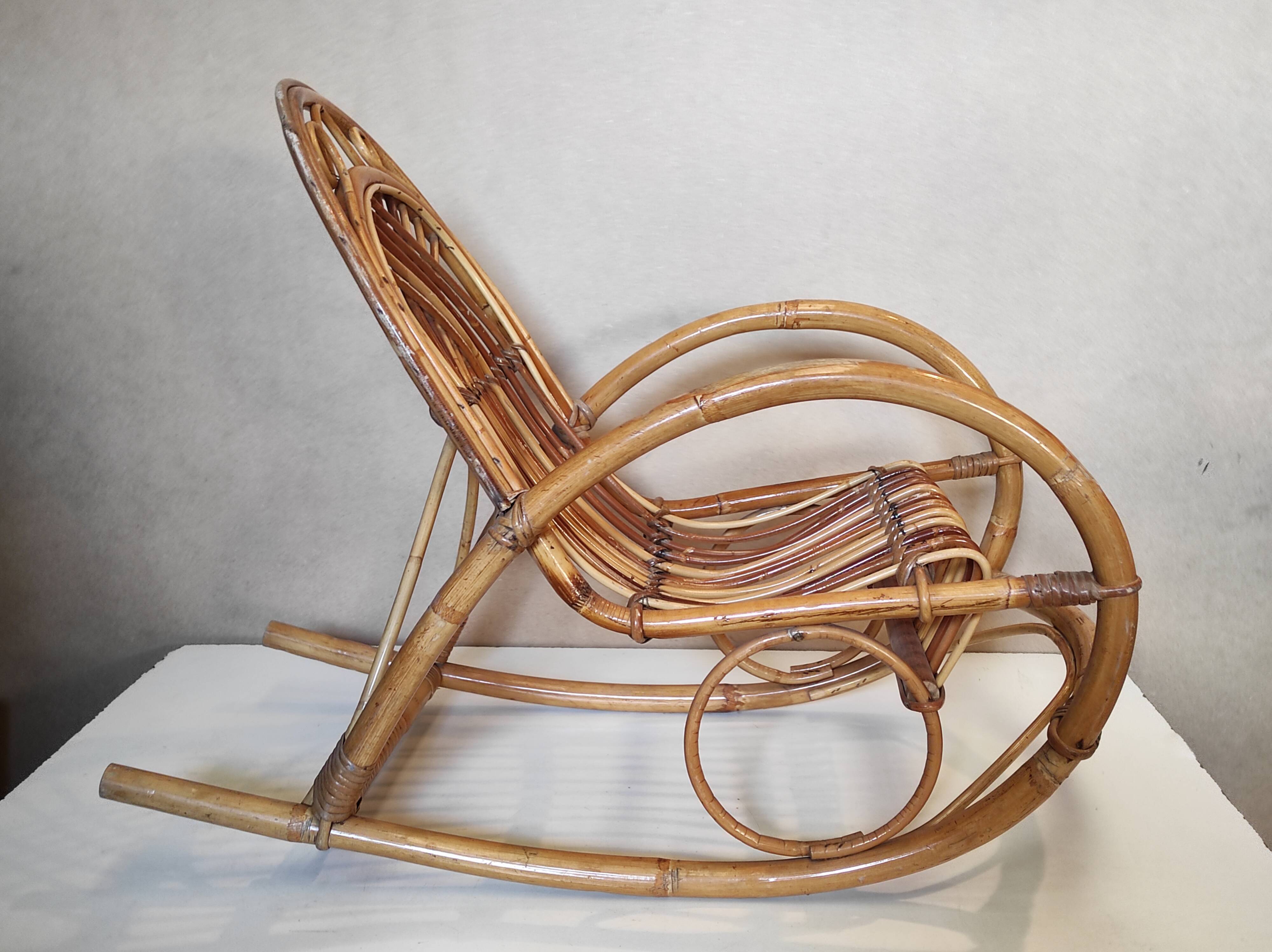 Old Italian vintage rattan rocking chair for children