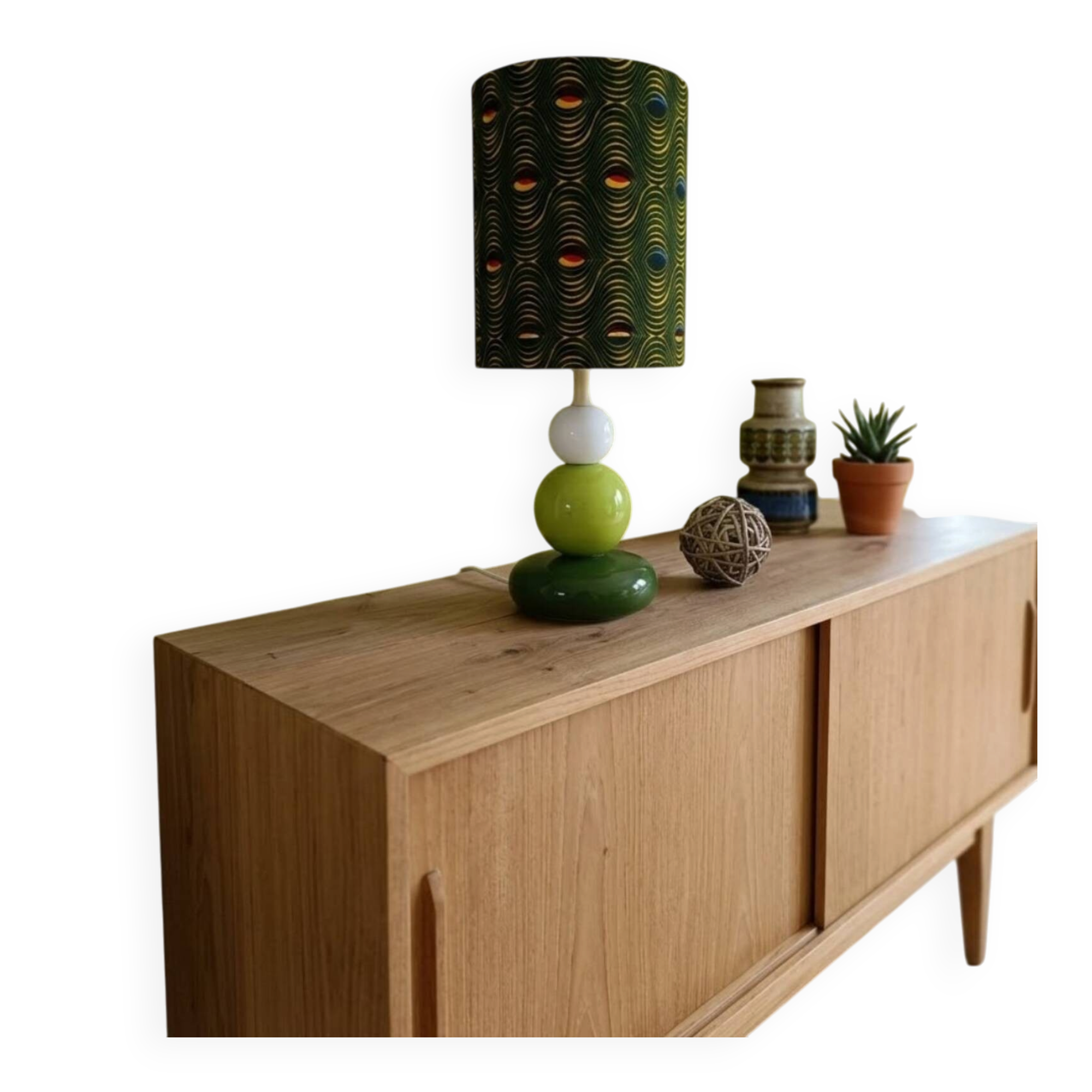 Green totem lamp, vintage afro-pop psychedelic lampshade.