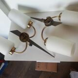 Pair of opaline and brass sconces with 2 branches